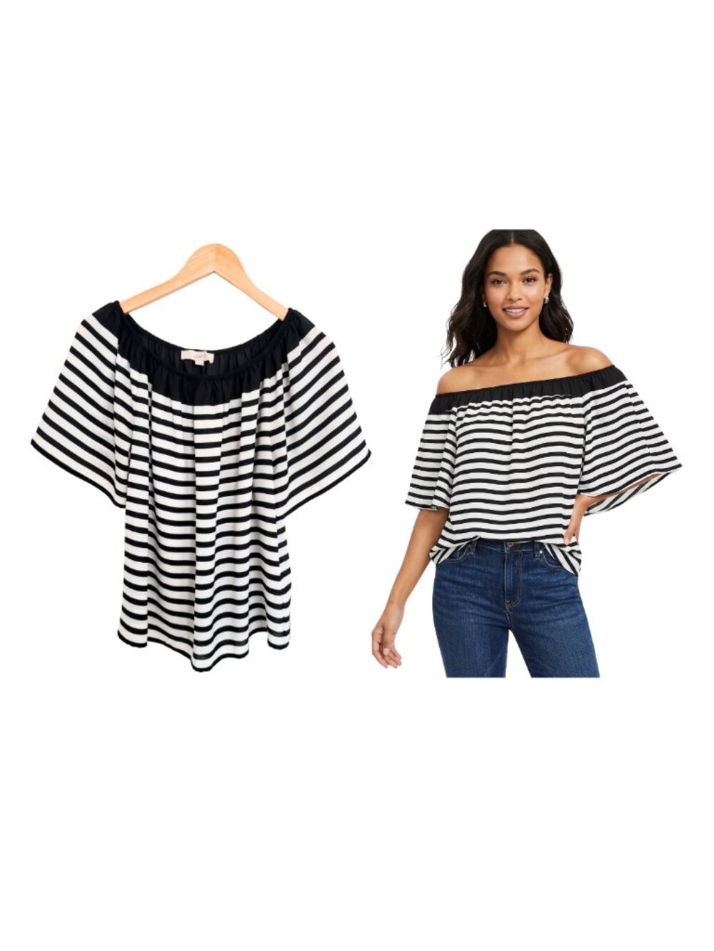 Loft Shirt Women Small Striped Black White Blouse Lightweight Off Shoulder Top